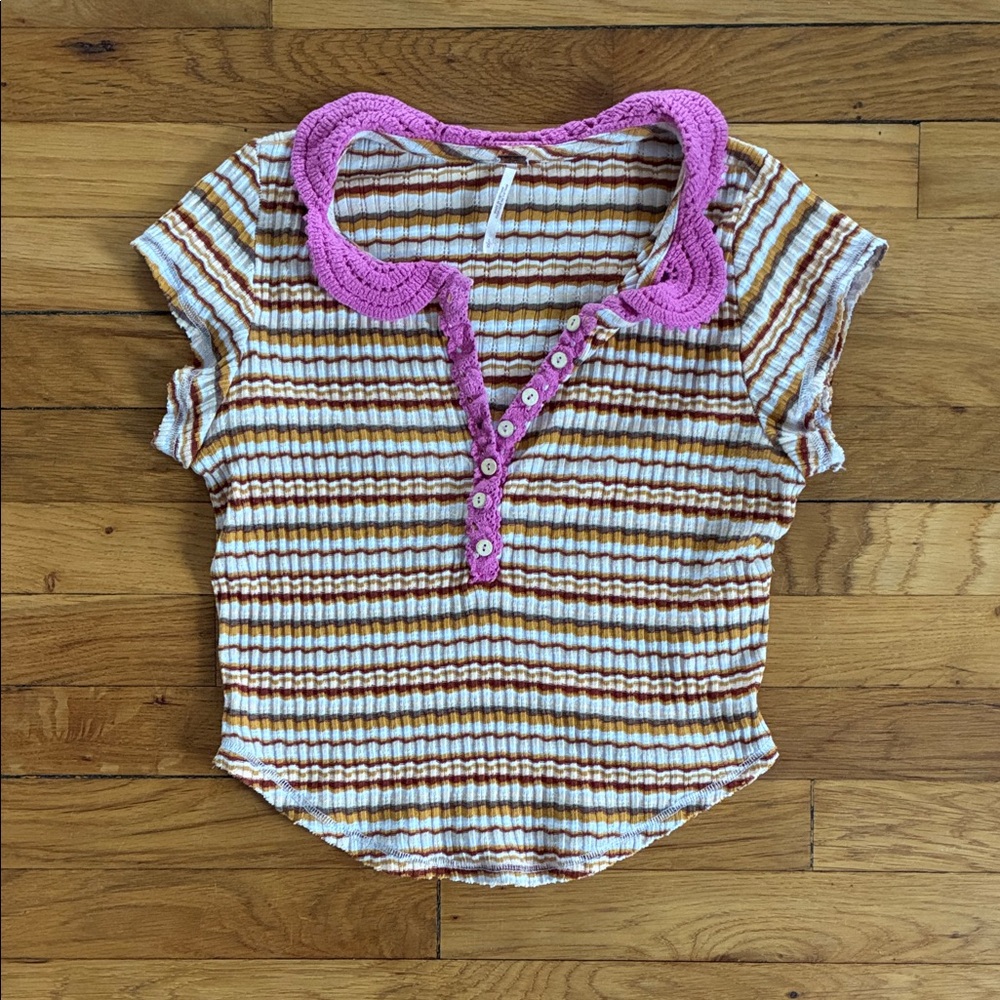 Free People Striped Short Sleeve Top with Pink Crochet Collar